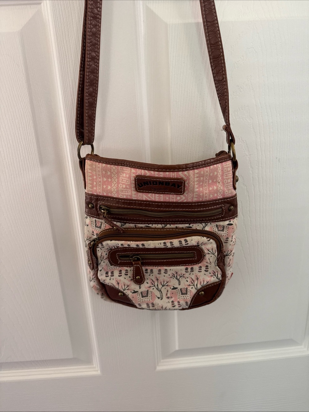 UNIONBAY Pink Patterned Crossbody with Brown Trim and Accents